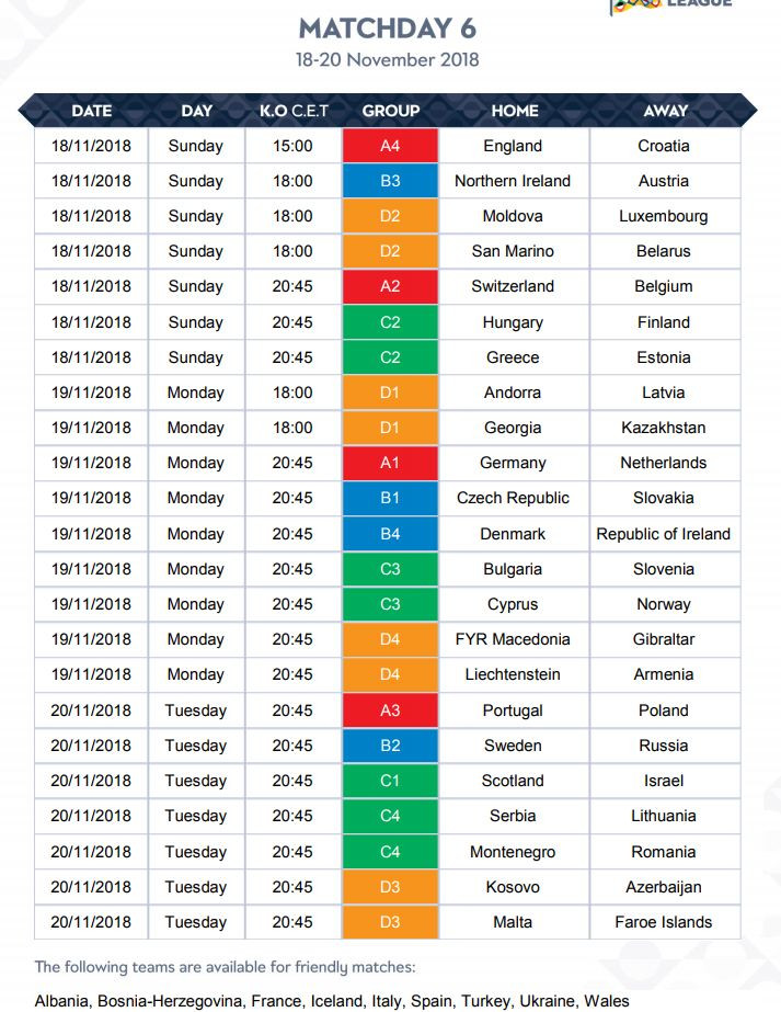 UEFA Millətlər Liqasının tam təqvimi