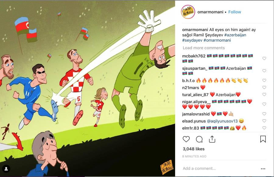 Məşhur karikaturaçı millimizin qolunu çəkdi: "Ay sağol Ramil Şeydayev"