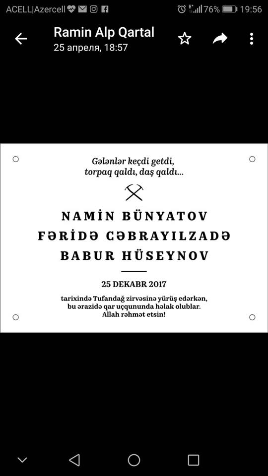 Tufandağda həlak olan alpinistlərin adı əbədiləşdirildi - FOTOLAR