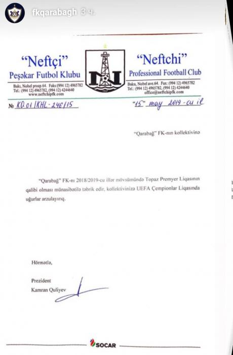 "Neftçi" "Qarabağ"ı təbrik etdi - FOTO