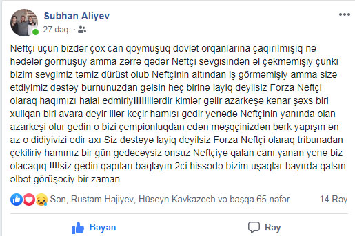 "Neftçi" rəhbərliyi daha bir fan-klubu stadiondan didərgin saldı