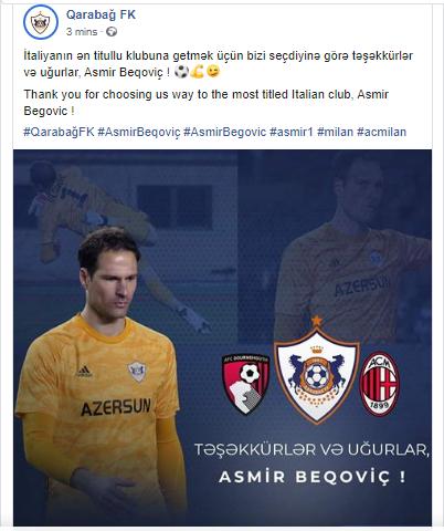 "Qarabağ"dan Beqoviçlə bağlı paylaşım - FOTO