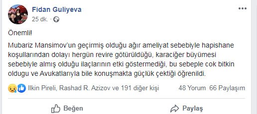 Həbsdə olan Mübariz Mənsimovdan pis xəbər