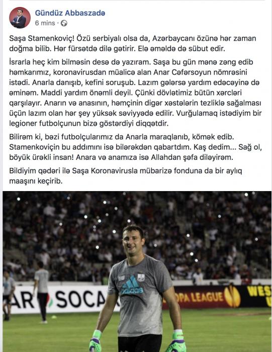 Serbiya mətbuatı Stamenkoviçin xeyirxahlğından yazdı