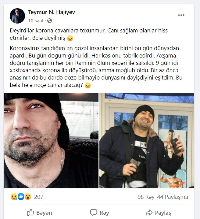 Azərbaycanda faciə: Ana oğlunun doğum günündə koronavirusdan ölməsinə dözmədi