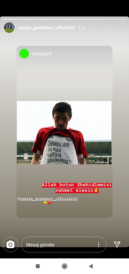 Milliləşdirilmiş futbolçumuzdan paylaşım: "Şəhidlər ölməz, vətən bölünməz" - FOTO