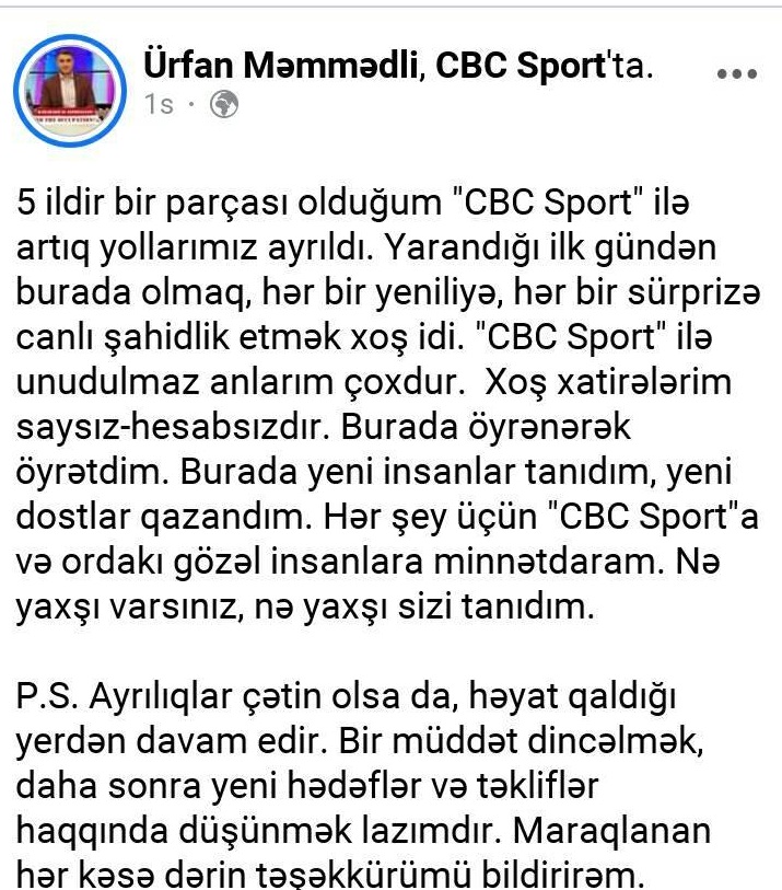 Tanınmış şərhçi "CBC Sport"dan ayrıldı