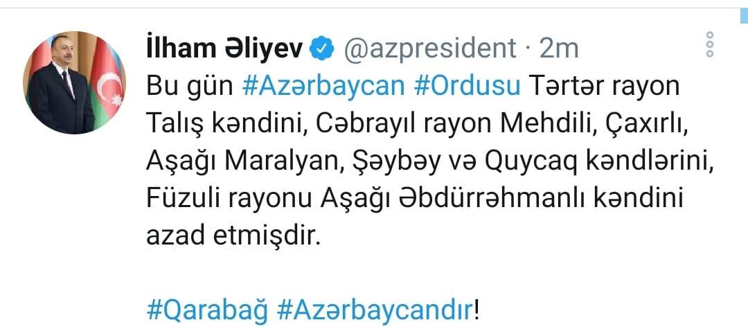Tərtər, Cəbrayıl və Füzulinin bu kəndləri işğaldan azad olundu - Prezident açıqladı