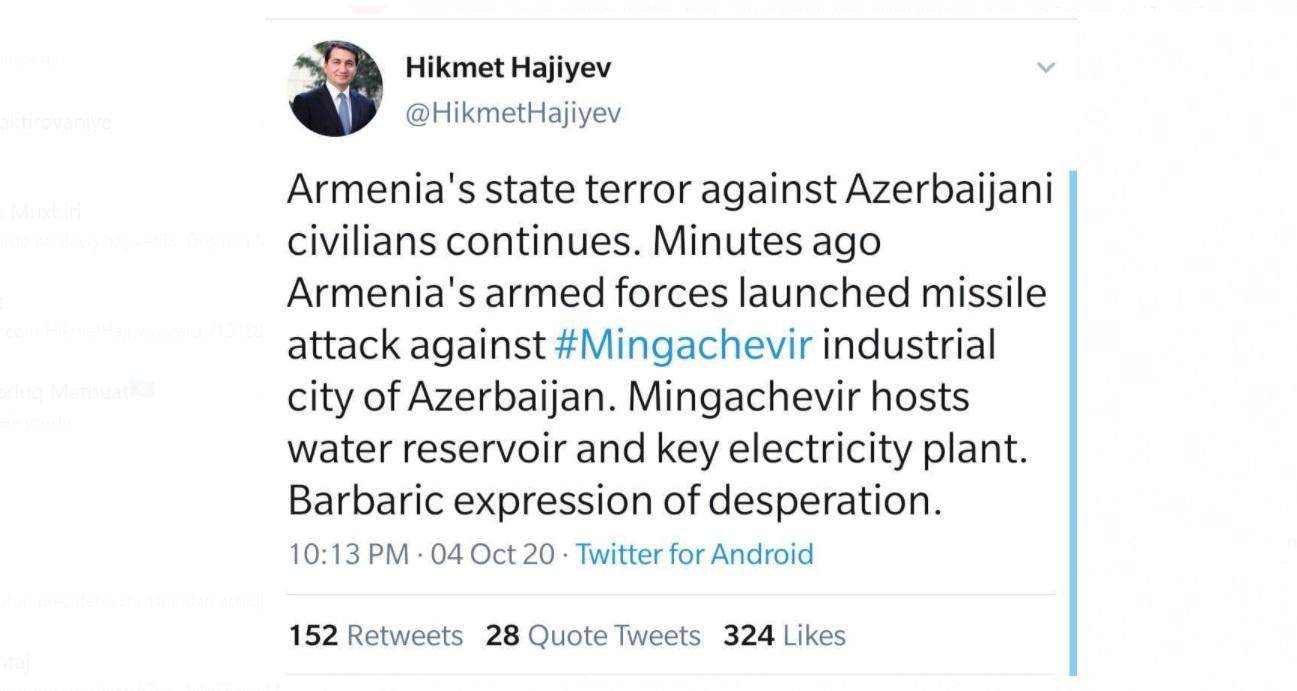 Hikmət Hacıyev: "Ermənistan Mingəçevir şəhərinə raket atıb"