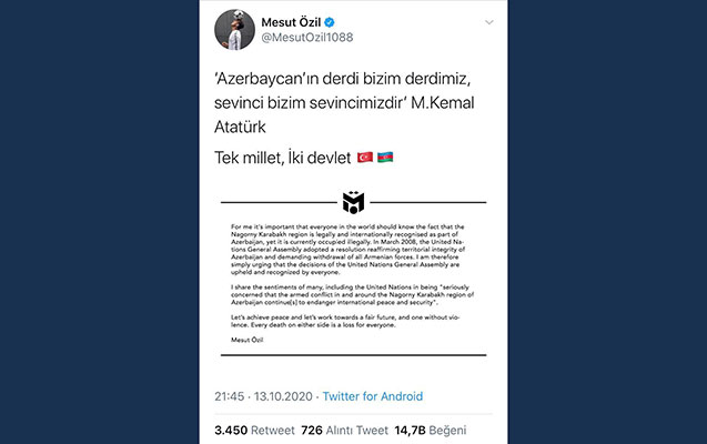 Mesut Özildən ölkəmizə dəstək: "Azərbaycanın dərdi bizim dərdimiz..." - FOTO