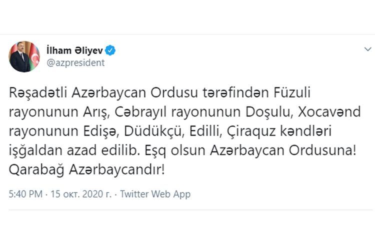 Prezident açıqladı: 3 rayonun 6 kəndə azad edildi