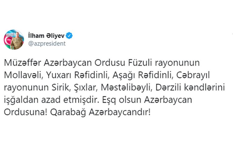 Prezident açıqladı: 1 qəsəbə və 20 kənd azad olundu