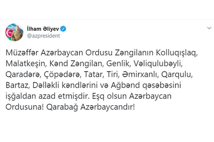 Prezident açıqladı: 1 qəsəbə və 20 kənd azad olundu