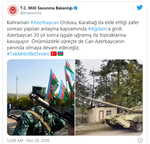 Türkiyə Müdafiə Nazirliyi: Can Azərbaycanın yanında olmağa davam edəcəyik