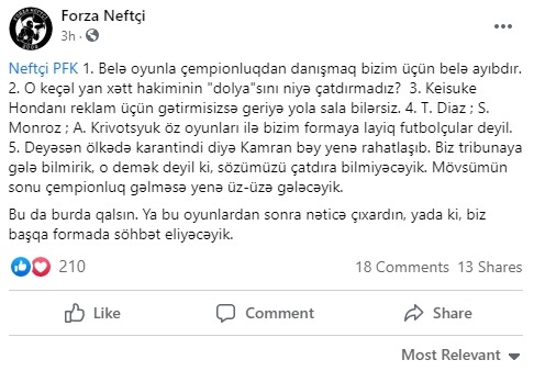 "Neftçi"ni tənqid edən azarkeşlərə klubdan cavab 