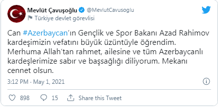 Çavuşoğlundan Azad Rəhimovun vəfatı ilə bağlı paylaşım